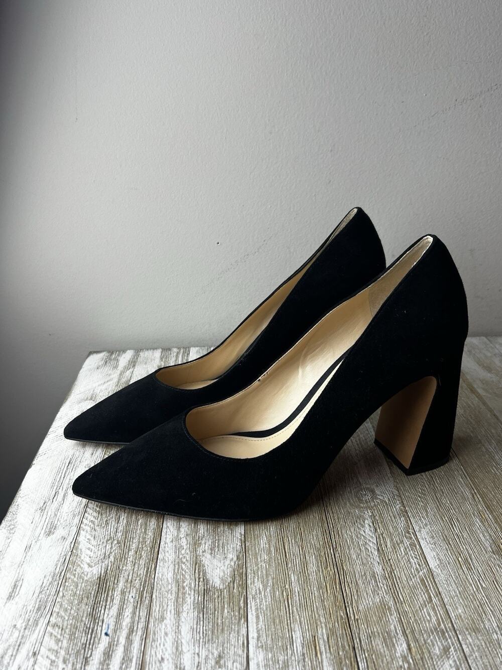 Vince Camuto Black Suede Pointed Toe Block Heel Pumps
